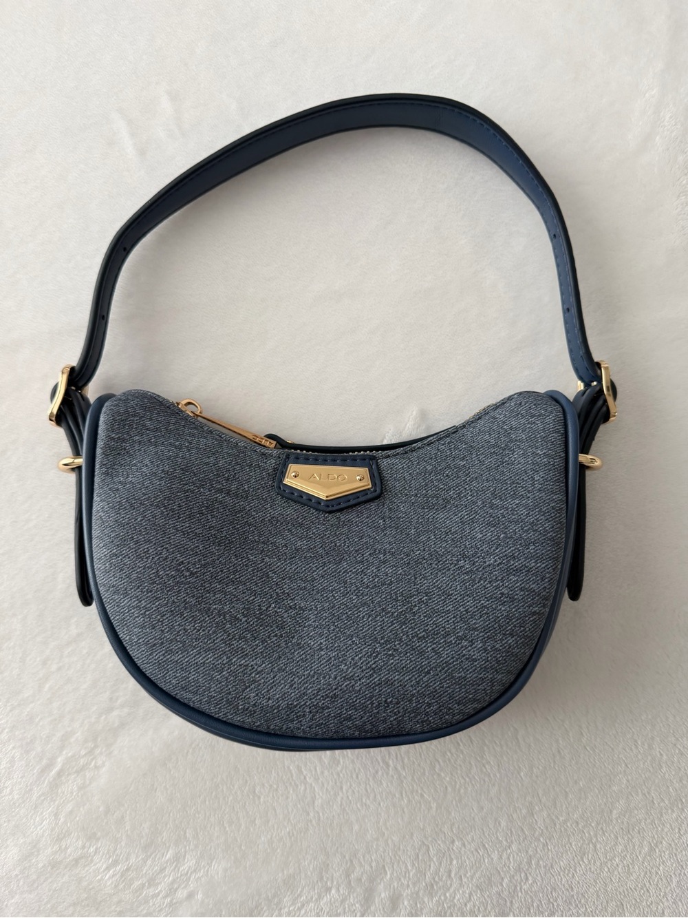 ALDO Denim-Textured Crescent Shoulder Bag with Gold Hardware